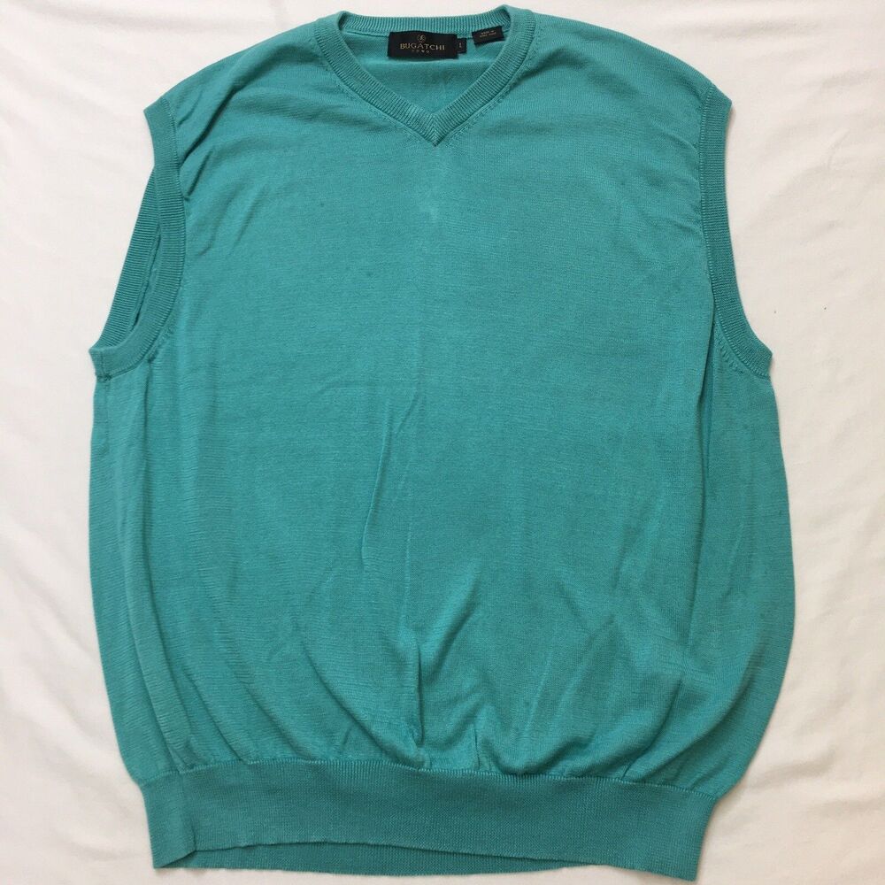 BUGATCHI UOMO Sweater Vest Men L Aqua Blue V-Neck Pullover Pima Classicore Golf